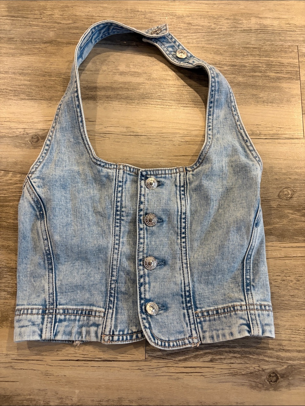 American Eagle Light Wash Denim Halter Crop Top